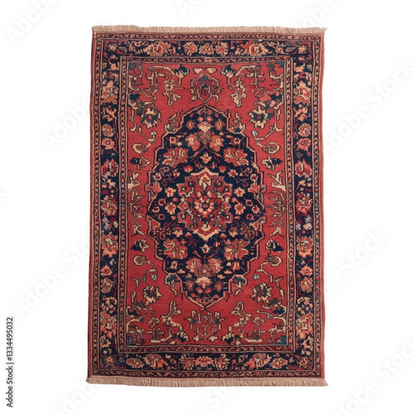 Fototapeta Ornate red and blue patterned area rug on a white isolated background.