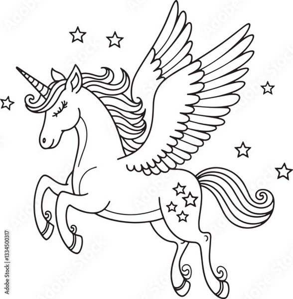 Fototapeta A coloring page of a Cute unicorn line with wings flying through the sky drawing for the coloring page Vector illustration.
