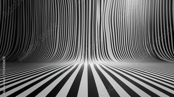 Fototapeta A 3D rendering of a room with a black and white striped floor.