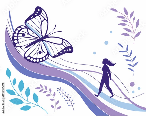 Fototapeta Abstract Vector Illustration of Woman and Butterfly in Nature. Stylized vector illustration featuring a large butterfly, a female silhouette walking along flowing lines, and botanical elements.