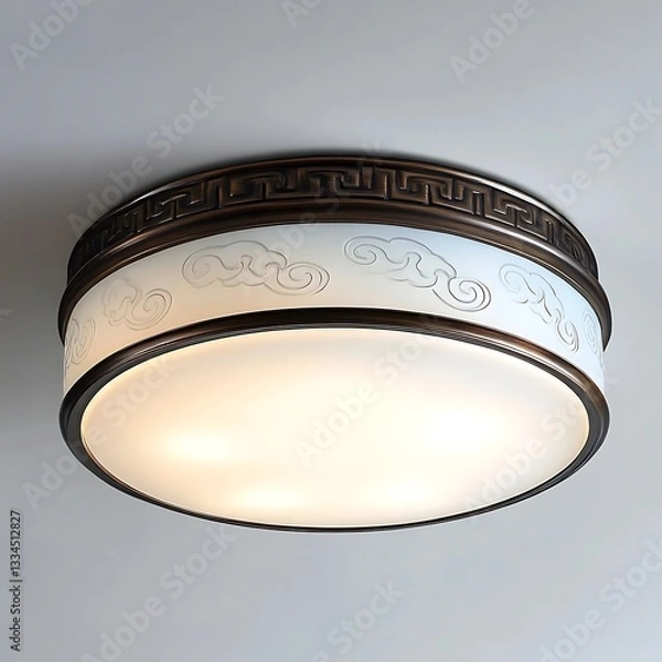 Fototapeta Elegant ceiling light fixture with cloud design illuminating a room, featuring a bronze trim and a frosted glass diffuser for soft ambient lighting