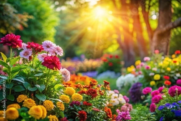 Obraz Lush Garden Paradise: Vibrant Flowers and Greenery with High Depth of Field