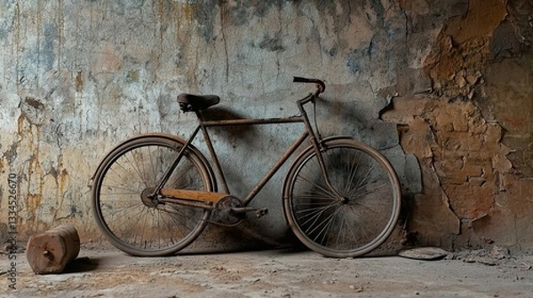 Obraz An old, rusty bicycle leaning against a weathered wall, showcasing vintage charm and character in an abandoned setting.