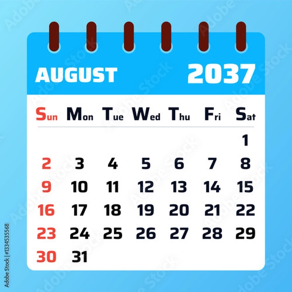 Fototapeta 2037 August Calendar Layout. Vector illustration of an August 2037 planner. August 2037 Calendar Template. Flat design. Vector illustration