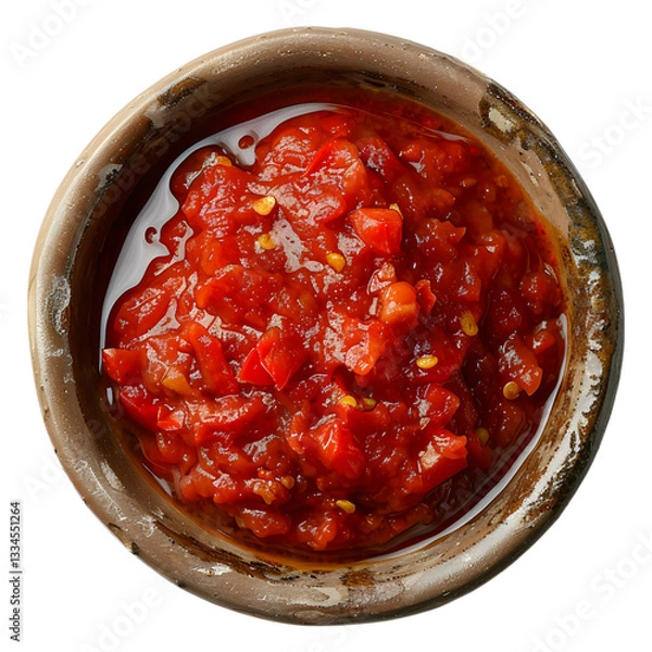 Obraz a bowl of red pepper condiment, likely salsa, captured in a top-down macro. isolated on transparent background, cut out, PNG 3D Digital Art.