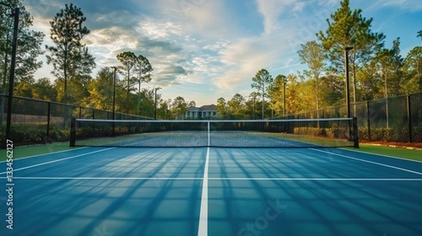 Fototapeta A paddle tennis court with well-defined lines, a taut net, and a peaceful outdoor setting.
