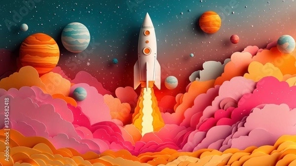 Obraz Colorful Paper Cut Rocket Launch Scene in Whimsical Space Setting