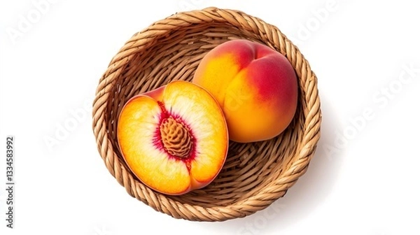 Fototapeta Whole and cut half peach apricot in round woven bamboo basket, fresh fruit ingredient, white background top down view 
