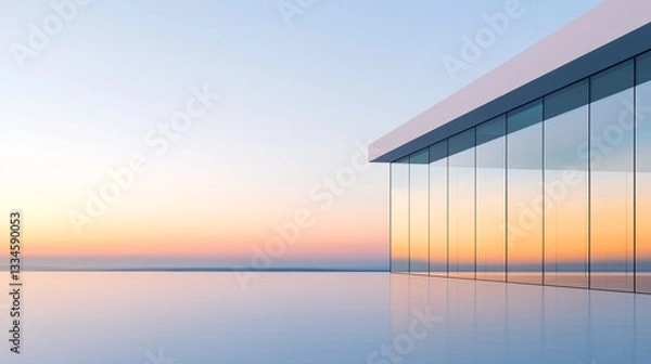 Fototapeta Serene modern building with glass walls, reflecting tranquil sunset over calm waters, perfect for relaxation or contemplation.
