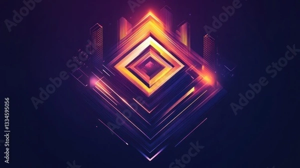Fototapeta Glowing geometric design, digital art, dark background, tech theme, website banner