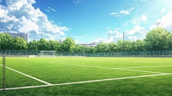 Fototapeta A vast, empty soccer field with freshly cut grass, white boundary lines, and goalposts under a clear sky.