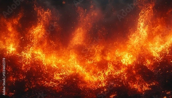 Obraz Fiery red and orange flames are intensely burning in a wide view