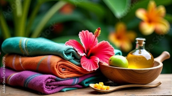 Obraz Hibiscus Flower with Folded Towels Fruits and Oil on Wood Table Spa