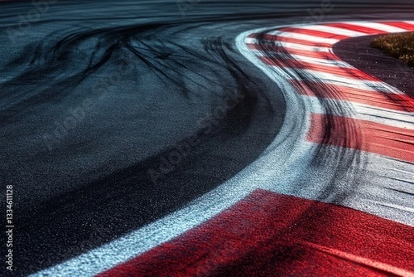 Fototapeta Dynamic Race Track Curve with Skid Marks Asphalt Texture Black Tire Mark Fast Car Motorsport Competition