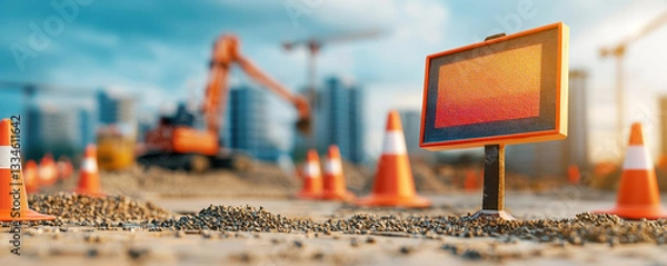 Fototapeta Traffic cones and warning sign board for under construction zone. Construction site with orange cones and a digital sign, showcasing an industrial setting and machinery in the background.