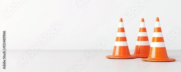 Fototapeta Traffic cones and warning sign board for under construction zone. Three orange traffic cones with white stripes are placed on a plain surface, emphasizing safety and caution in a minimalist setting.