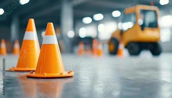 Fototapeta Traffic cones warning for under construction zone.. Construction scene with orange traffic cones in focus, highlighting safety and equipment in a warehouse setting.