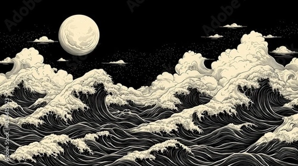 Fototapeta Serene Moonlit Ocean Waves at Night with Dramatic Clouds and Stylized Water Patterns