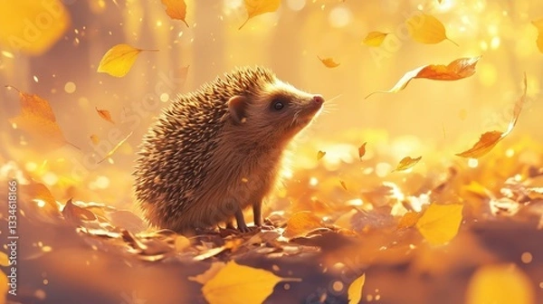 Fototapeta A hedgehog sniffing the air amidst fallen autumn leaves.