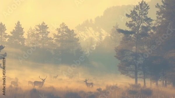 Fototapeta A herd of deer grazing in a misty forest meadow.