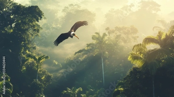 Fototapeta A hornbill flying across a rainforest canopy.