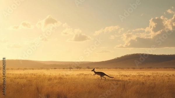 Fototapeta A kangaroo hopping across an open expanse of outback.