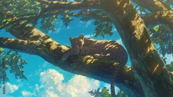 Fototapeta A leopard lounging in the branches of a tall tree.