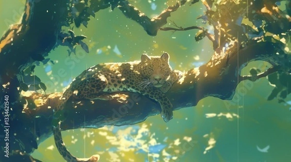 Fototapeta A leopard lounging in the branches of a tall tree.