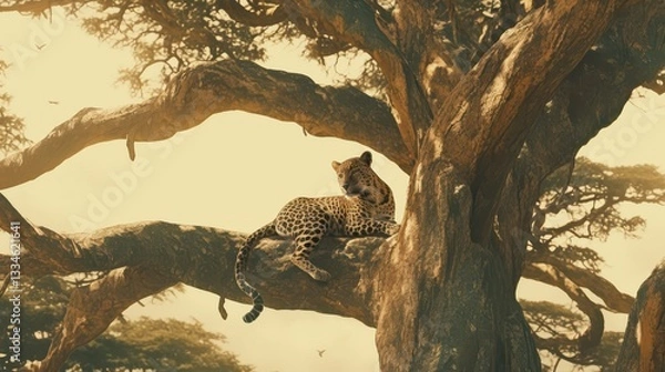 Fototapeta A leopard lounging in the branches of a tall tree.