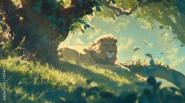 Fototapeta A lion lounging in the shade of a tall tree.