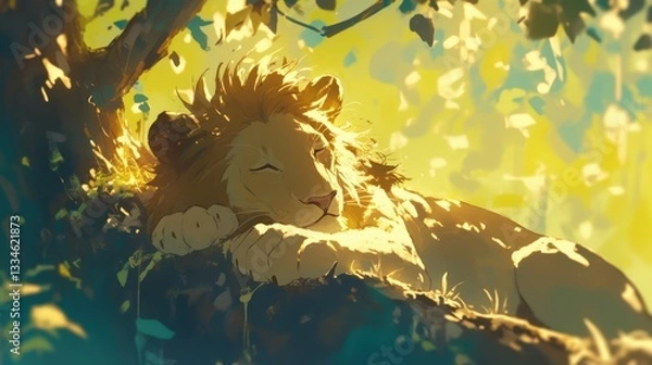 Fototapeta A lion lounging in the shade of a tall tree.