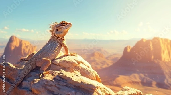 Fototapeta A lizard basking in the warm sunlight on a rock.