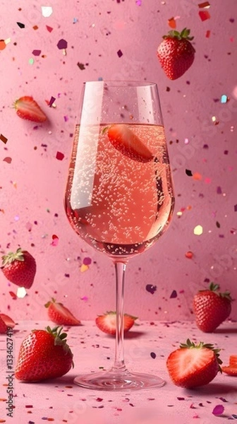 Fototapeta Strawberry Champagne Toast: A champagne flute brimming with sparkling pink drink, adorned with floating strawberries, set against a confetti-strewn background, ready to celebrate.
