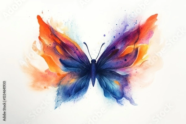 Fototapeta Colorful watercolor butterfly art, wings spread, white background, nature design