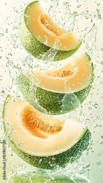Fototapeta Fresh Melon Slices and Water Splash: Captivating image of fresh cantaloupe melon slices amidst a dynamic splash of water, embodying refreshing taste and vitality. 