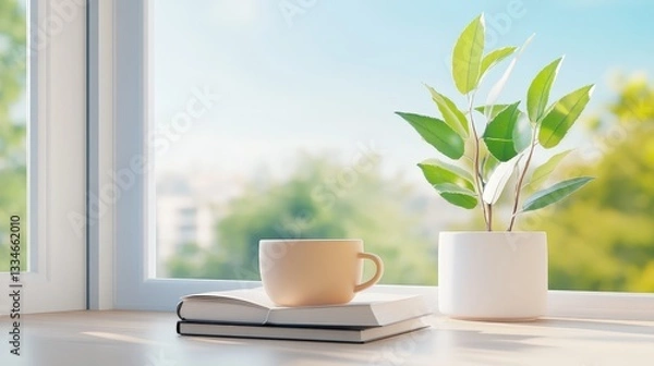 Fototapeta A cozy scene featuring a cup of coffee, a plant, and a book by a window, inviting relaxation and a connection with nature.