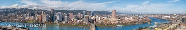 Fototapeta Panorama View of Burnside Bridge Crossing the Willamette River in Portland Oregon at Sunrise