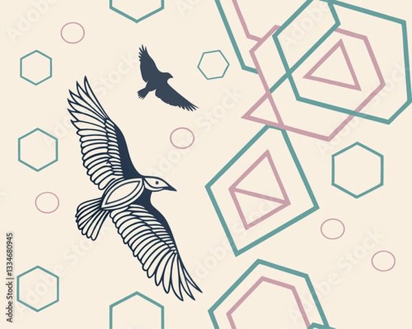 Fototapeta Abstract Geometric Background with Flying Birds. Seamless vector background featuring abstract flying birds combined with geometric shapes like hexagons, triangles, and circles.