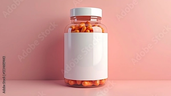 Obraz Transparent jar with orange pills on a soft pink background