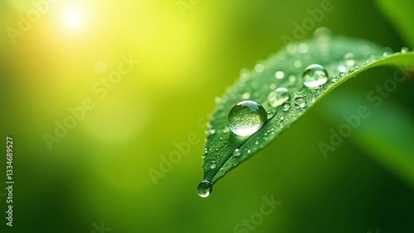 Obraz Close-Up of Fresh Green Leaf with Water Droplets and Soft Light