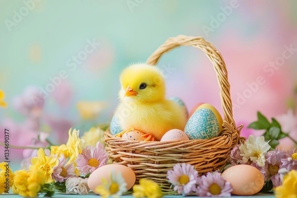 Fototapeta Easter chick in basket with colorful eggs