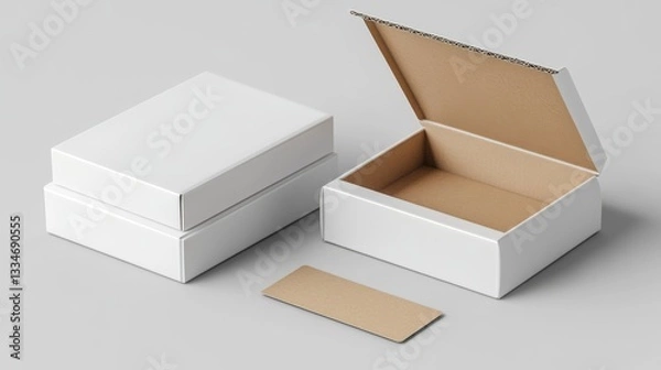 Obraz Elegant presentation boxes, two stacked, one partially open to display the inner cardboard texture, alongside a small card on a gray surface.