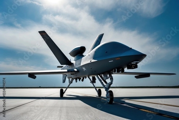 Fototapeta Side view of an unmanned aerial vehicle parked on a runway with a clear blue sky and sun