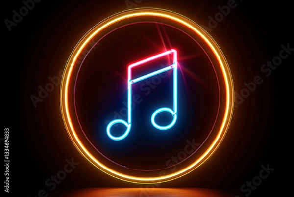 Fototapeta Neon 3D Music Note Vector with Glowing Circle and Dark Background