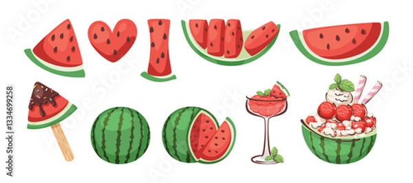 Fototapeta Set of Sweet dessert watermelon illustration. Watermelon in various forms. It is a cartoon illustration that is cute and sweet. Idea for print, cartoon, card, decoration and sticker.