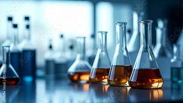 Fototapeta lab glassware science laboratory research development concept concept as Scientists examine transparent beakers flasks carefully measure reactions record findings fosters brand discovery invests in fu