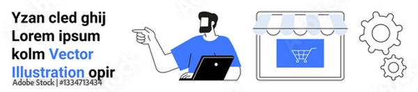 Fototapeta Man with laptop pointing at online store, shopping cart icon, and gears representing e-commerce, digital marketing, business solutions. Ideal for commerce innovation, strategy, technology, flat