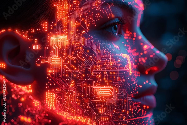 Fototapeta A neon circuit board pattern overlaying a human silhouette. Concept of technology integration and identity.