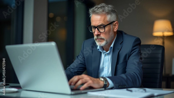 Fototapeta Serious mature businessman in glasses working at desk analyzing data on laptop. Committed stance underscores strategic direction. concept as Focused executive sits intense gaze locked on screen. Moder