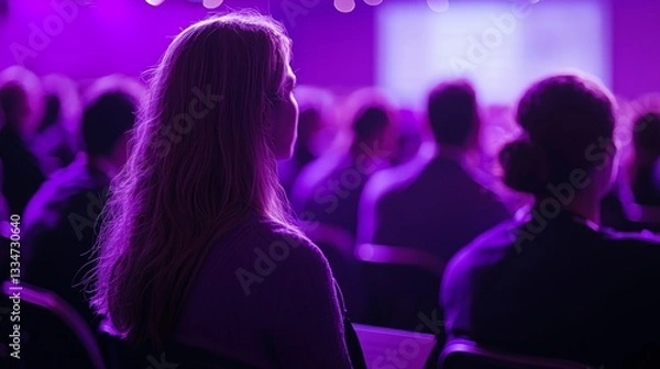 Fototapeta Engaged audience attending a seminar or conference, bathed in violet hues, attentively watching the presentation on a screen, professional development